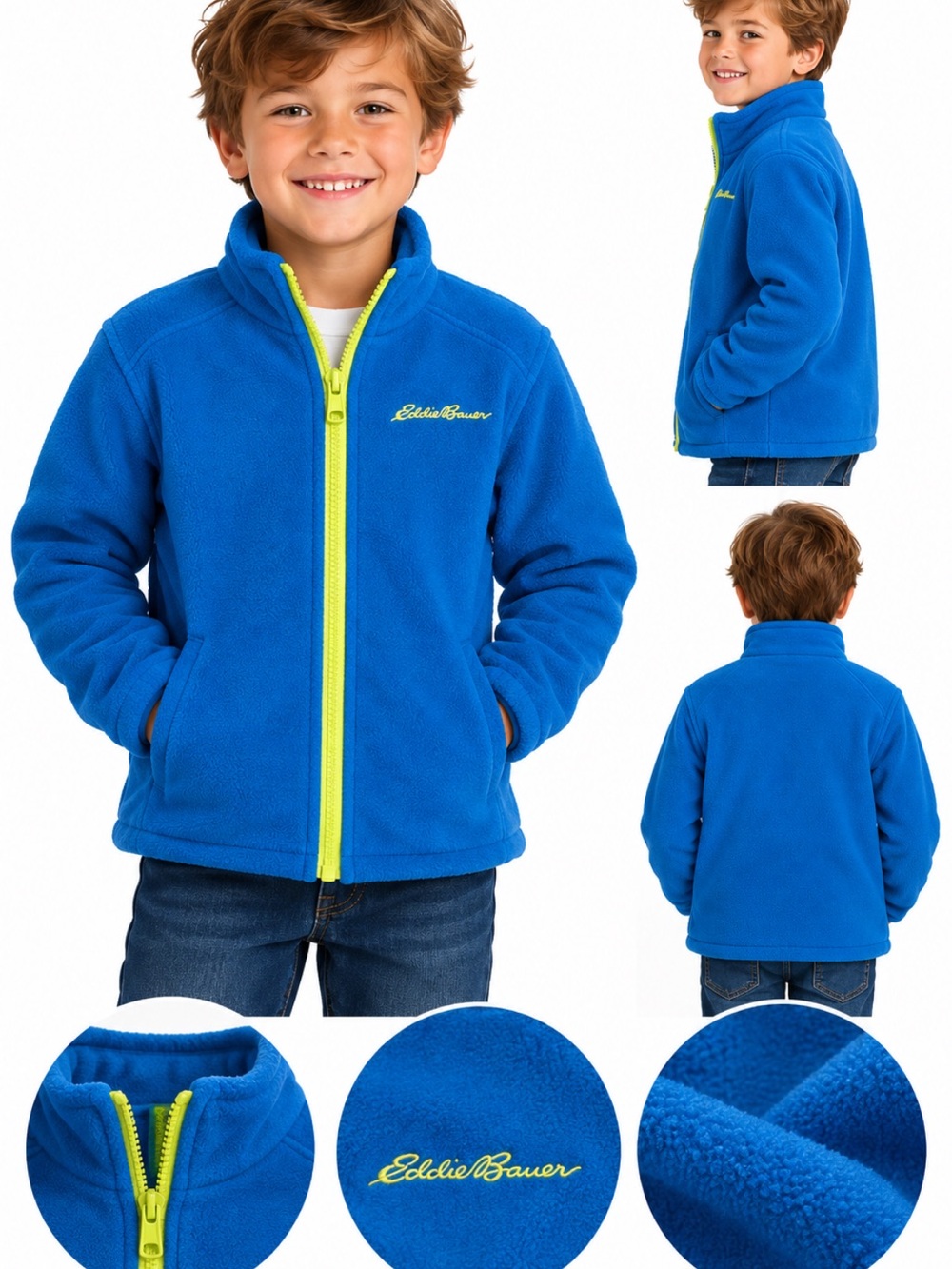 Eddie Bauer Bright Blue Fleece Jacket with Neon Yellow Zipper